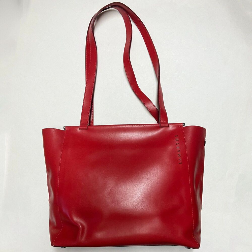 Lamarthe Red Leather Tote Bag Open Top 12"W x 10.5"H x 4.5"D Minimalist Italy - Picture 2 of 16